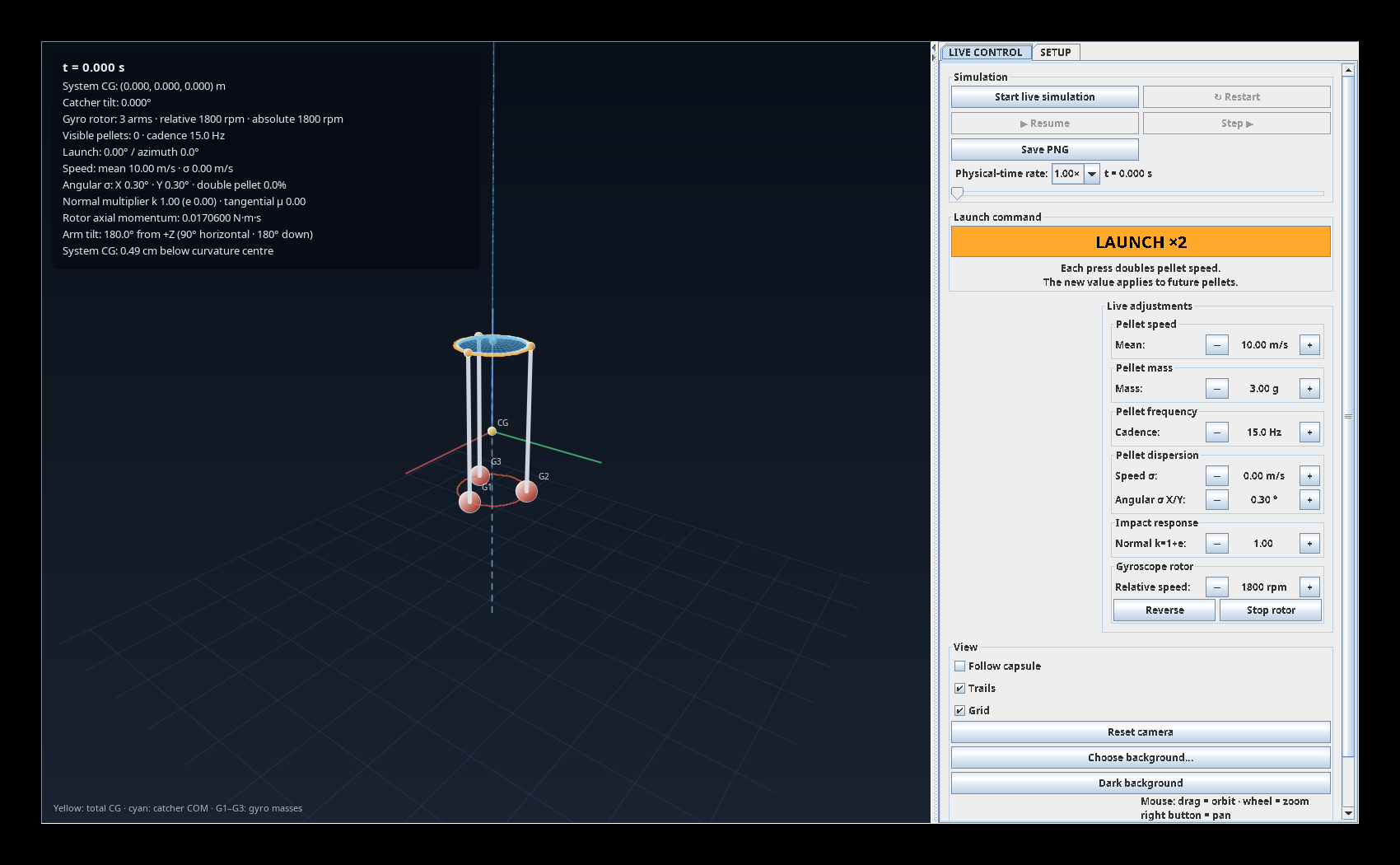 Project COELI three-dimensional catcher dynamics simulator showing the receiver and its control parameters